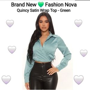 Fashion Nova Quincy Satin Wrap Top - Green, Size L
